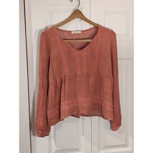 Rewind Women's Boho Blouse Muted Pink Lace Long Sleeve V Neck Size XL